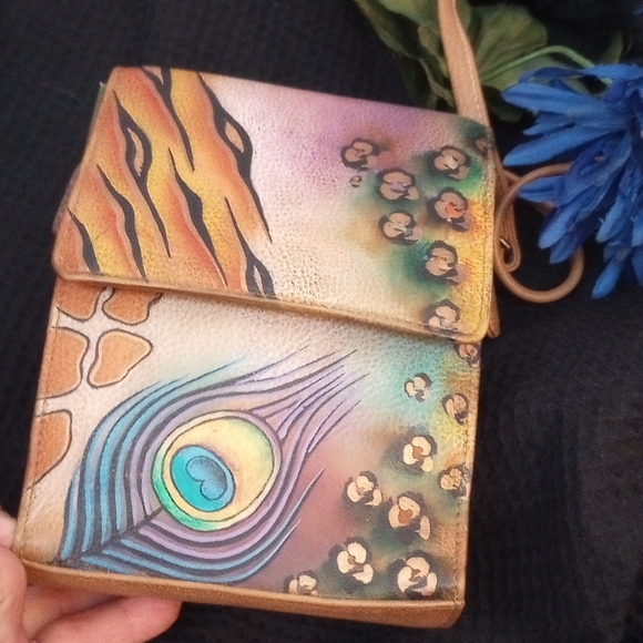 Anuschka Hand painted Triple compartment crossbody organizer Peacock Safari - Picture 4 of 8